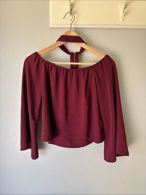 GUESS Burgundy Halter Off Shoulder Blouse Long Sleeve Y2K Going Out Top XS